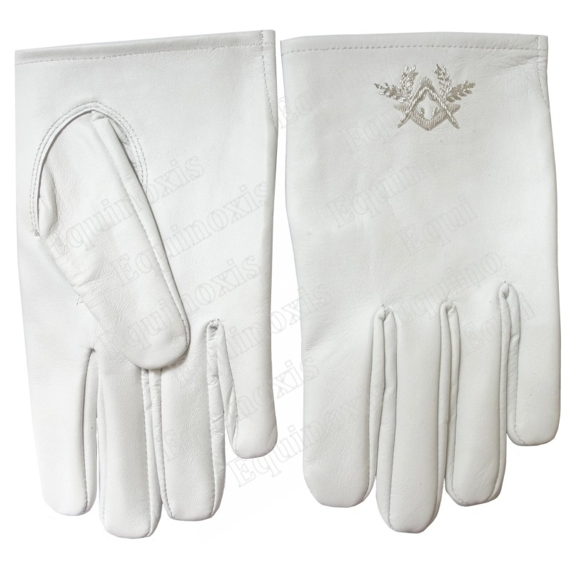 Gants maçonniques cuir blanc – Equerre et Compas argentés – Taille XXXL – Brodés main